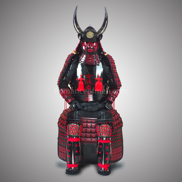 Kobayakawa Takakage Black & Red Samurai Armor Tosei Gusoku Style Horn Wakidate Black Scales with Red cords